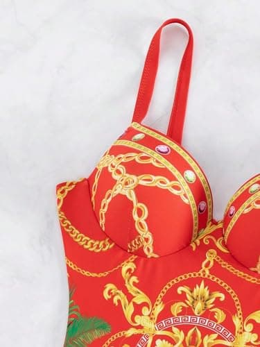 One Piece Women's Swimsuit with Beach Cover Up Wrap Skirt Set, Tummy Control, Sexy V Neck Reds - Image 5