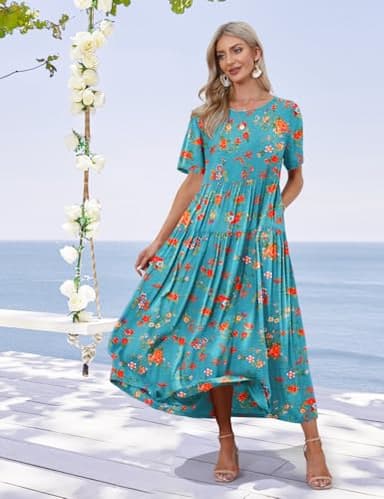 YESNO Women Casual Loose Bohemian Floral Dress with Pockets Short Sleeve Long Maxi Summer Beach Swing Dress XL EJF CR14 - Image 2