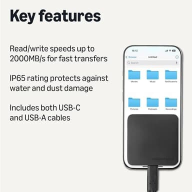 Amazon Basics Portable External SSD, External Solid State Drive 1TB, speeds up to 2000MB/s, USB 3.2 Gen 2, IP65 Water & Dust Resistant, Black - Image 4