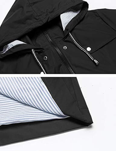 Women Rain Jacket Belted Adjustment Hooded Long Lightweight Packable Outerwear Waterproof Breathable Cotton Lined Raincoat Black M - Image 4