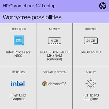 HP Chromebook 14 inch Laptop, FHD Display, Intel N100, 4 GB RAM, 64 GB eMMC, Intel UHD Graphics, Chrome OS 14a-nf0009nr (2024) - Image 2