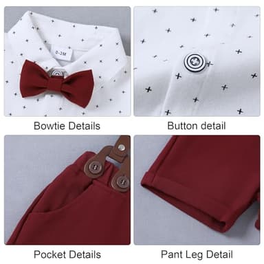 ZOEREA Baby Boy Clothes Suit Infant Short Sleeve Gentleman Outfits Dress Shirt+Bowtie+Suspender Shorts Wine Red 0-18M - Image 5