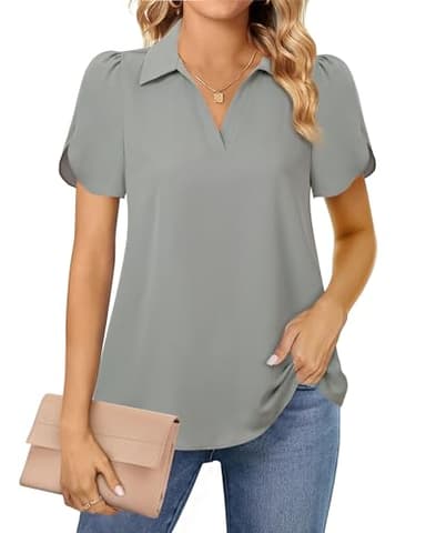 Lotusmile Womens Chiffon Blouses for Work Puff Short Sleeve Dressy Casual Tops with Collared V Neck Design Grey - Image 3