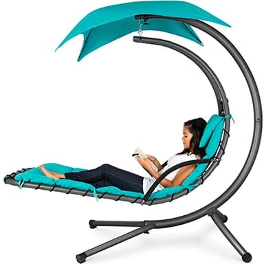 Best Choice Products Outdoor Hanging Curved Steel Chaise Lounge Chair Swing w/Built-in Pillow and Removable Canopy - Teal - Image 1