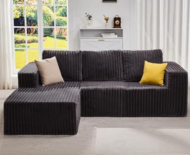 Hobestluk Modular Sectional Sofa Memory Foam Couch Oversized Sectional Sofa 3-Seater with Chaise Cloud Couch with Removable Cover L Shape Sofa for Living Room (Strip Grey, 3-Seater with Chaise) - Image 1