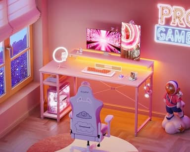 MOTPK 48 Inch Gaming Desk with Storage & Led Lights, Computer Desk with Power Outlet & Shelf, Reversible Gamer Desk with Adjustable Monitor Stand, Carbon Fiber Texture Pink - Image 2