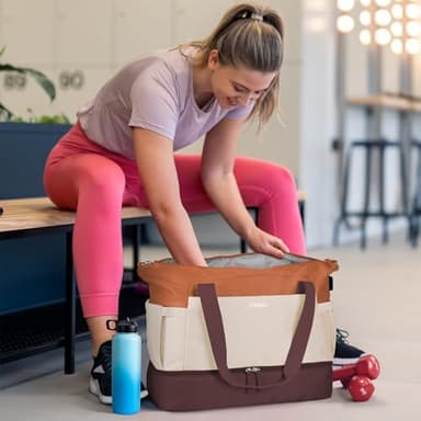 ETRONIK Gym Bag for Women, Travel Duffel Bag with USB Charging Port, Weekender Overnight Bag with Wet Pocket and Shoes Compartment for Women, Travel, Gym, Yoga (Brown/Khaki/Orange) - Image 2