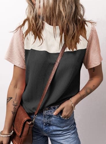 Dokotoo Women's Clothing Colorblock Crewneck Short Sleeve Shirt Spring Sweatshirts Business Casual Loose Ladies Clothes Shirts Summer Outfits for Women Trendy Black Large - Image 5