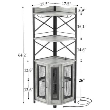 Aheaplus Corner Bar Cabinet with Power Outlet, Industrial Wine Cabinet with LED Strip and Glass Holder, 5-Tiers Liquor Cabinet Bar Unit for Home, Corner Display Cabinet for Small Space, White Oak - Image 2