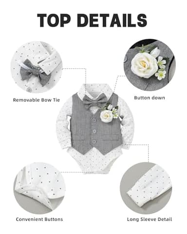 Coco&RARA Baby Boy Clothes Suits Infant Tuxedo Gentleman Outfits, Formal Dress Shirt+Vest+Corsage+tie+Pants Baby Suit Sets(Grey, 3-6M) - Image 4