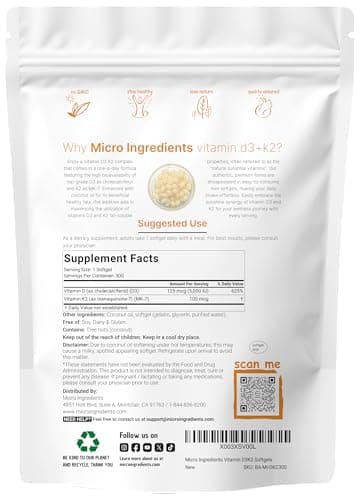 Micro Ingredients Vitamin D3 5,000 IU + K2 MK-7 100 mcg, 300 Softgels | Virgin Coconut Oil | 2-in-1 Bone, Immune & Heart Support | Easy to Swallow, Non-GMO - Image 2