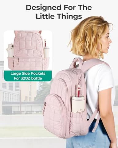 BAGSMART College Laptop Backpack, Travel Laptop Backpack for Women, Quilted Casual Daypack, Water-Resistant Bookbag for 15.6 Inch Laptop, Pink - Image 5