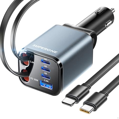 Upgraded SUPERONE Retractable Car Charger, [Ultra-Compact] 6-Port Car Charger USB C, iPhone Car Chargers Fast Charging with USB C & Apple Cable, Car Accessories Adapter for iPhone 17/16/15/14/13/12 - Image 1