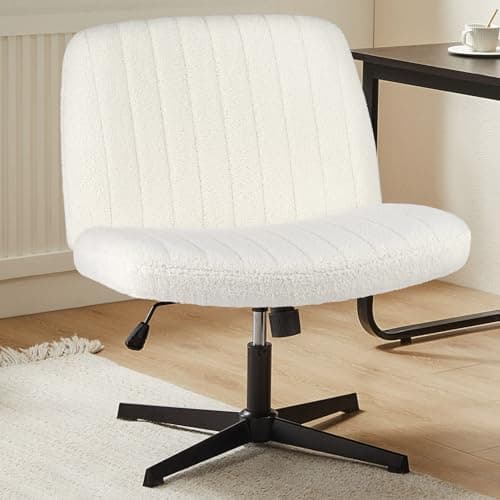 Sweetcrispy Criss Cross Chair Legged, Armless Office Wide Desk Chair No Wheels, Swivel Vanity Height Adjustable Fabric Modern Computer Task Seating for Home - Teddy Beige - Image 1