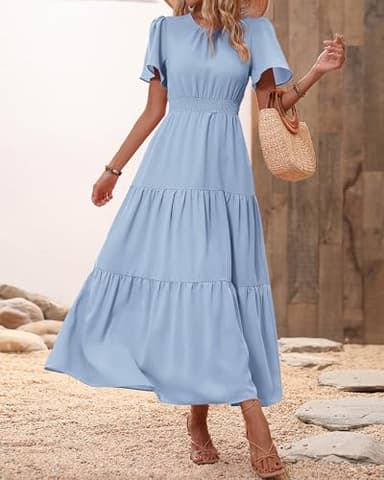 PRETTYGARDEN Women's Summer Casual Short Flutter Sleeve Round Neck Smocked Waist Tiered Boho Floral Flowy Maxi Dress(Solid Sky Blue,Medium) - Image 3