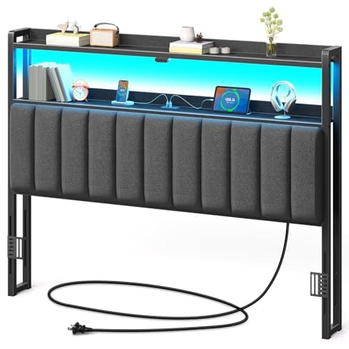 Rolanstar Headboard for Queen Size Bed with Storage, 60,000 DIY Color of LED Light, Head Board with USB & Type C Port, Height Adjustable, Black Upholstered Cabeceras de Cama Comfortable Modern, Linen - Image 1