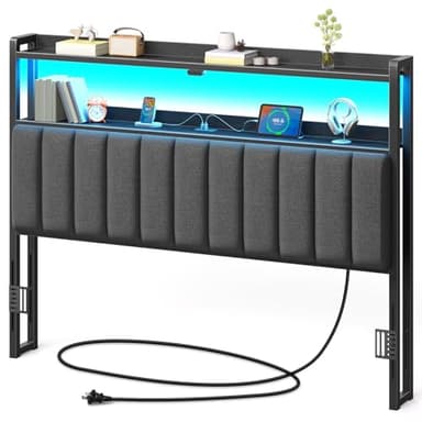 Rolanstar Headboard for Queen Size Bed with Storage, 60,000 DIY Color of LED Light, Head Board with USB & Type C Port, Height Adjustable, Black Upholstered Cabeceras de Cama Comfortable Modern, Linen - Image 1