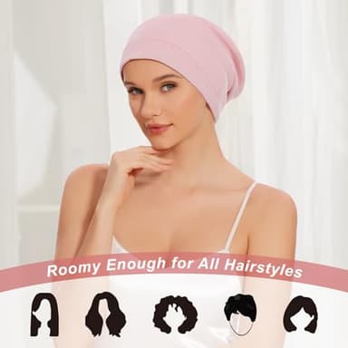 Silk Bonnet for Sleeping Women, Adjustable Silky Satin Lined Sleep Cap, Silk Hair Wrap for Sleep Night Cap for Natural Curly Hair 2PCS(Black&Pink) - Image 6