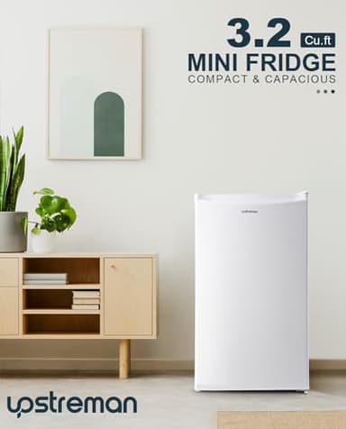 Upstreman 3.2 Cu.Ft Mini Fridge with Freezer, Single Door Mini Fridge, Dorm Fridge, Adjustable Thermostat, Mini Refrigerator for Dorm, Office, Bedroom, White-BR321 - Image 6