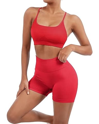 SUUKSESS Women Seamless 2 piece Workout Sets Strappy Padded Sports Bra Booty High Waisted Shorts Outfits (Red,S) - Image 4