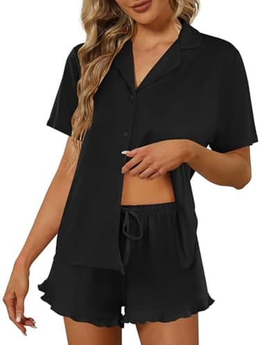 Ekouaer Pajamas Set for Women Short Sleeve Sleepwear Button Down Pjs Lounge Sets Soft Nightwear Black X-Large - Image 1