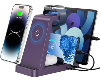 Wireless Charger for iPhone - 5 in 1 Charging Station for Multiple Devices Apple: Fast Wireless Charging Stand Dock for iPhone 17 16e 16 15 14 13 12 Pro Max Apple Watch Airpods (Purple) - Image 1