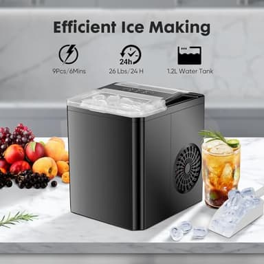 Sweetcrispy Countertop Ice Maker, Portable Ice Machine Self-Cleaning, 9 Cubes in 6 Mins, 26 lbs/24Hrs, 2 Sizes of Bullet Ice for Home Party Office, Black - Image 2