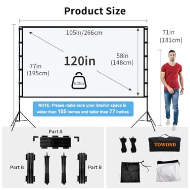 Projector Screen and Stand, Towond 120 inch Portable Projector Screen Indoor Outdoor Movie Screen 16:9 4K HD Wrinkle-Free Lightweight Projection Screen with Carry Bag for Backyard Movie Night - Image 2