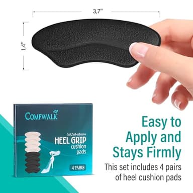 Comfwalk Heel Grip Cushion Pads - 4 Pairs, Self-Adhesive, Shoe Inserts for Loose Shoes, Snug Fit, Blister Prevention, Heel Comfort for Men and Women, Ideal for High Heels (Black & Beige, Lip-Shaped) - Image 2