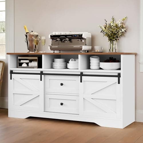YITAHOME Buffet Cabinet with Drawers, 59" Large Sideboard Buffet Storage Cabinet with Shelves and Doors, Modern Farmhouse Coffee Bar Station Wood Kitchen Table for Kitchen, Dining Room, White - Image 1