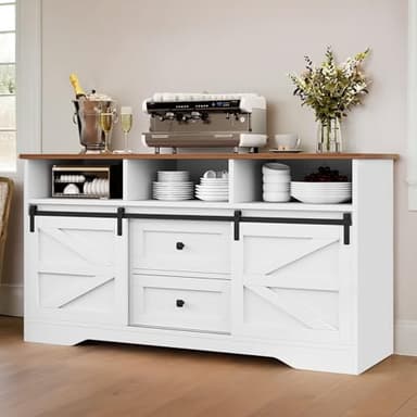 YITAHOME Buffet Cabinet with Drawers, 59" Large Sideboard Buffet Storage Cabinet with Shelves and Doors, Modern Farmhouse Coffee Bar Station Wood Kitchen Table for Kitchen, Dining Room, White - Image 1