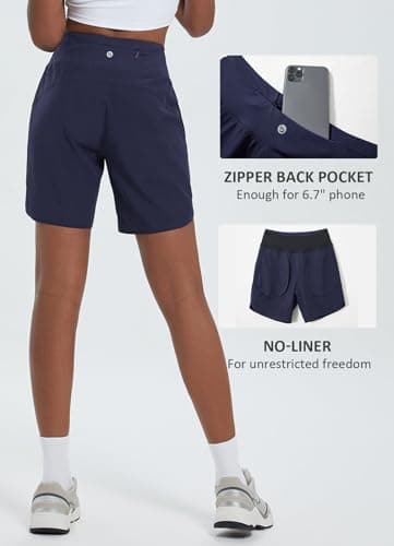 baleaf Women's 7" Long Running Shorts Athletic Workout Gym Quick Dry Hiking Shorts High Waisted Zipper Pocket Navy L - Image 3