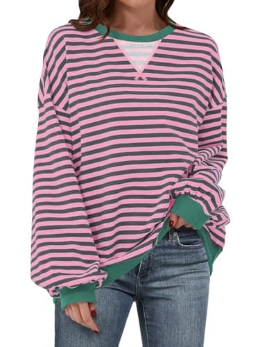 ANRABESS Women Striped Sweatshirts Oversized Crewneck Long Sleeve Shirts Y2K Pullover Top 2025 Fall Outfits Fashion Clothes Grey Pink X-Large - Image 1