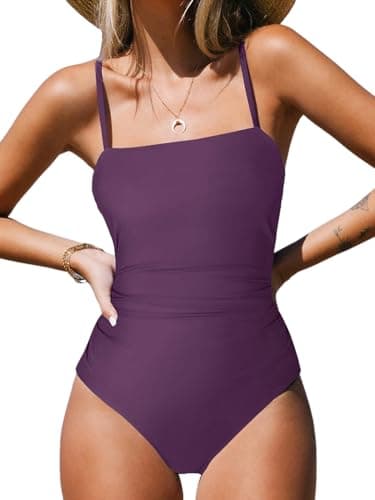 CUPSHE Women's One Piece Swimsuit Square Neck Cutout Back Tummy Control Adjustable Straps Striped Swimwear, L Grape Purple - Image 1