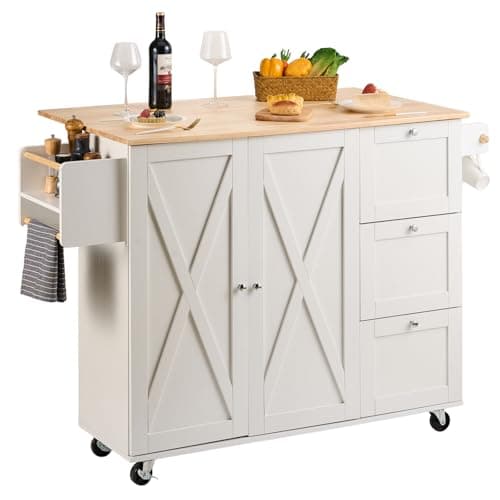 VEVOR Kitchen Island Cart, 45.3x39 inch Rolling Kitchen Table, Mobile Carts with Storage Cabinet and Solid Wood Top, Portable Islands with Wheels, Spice Rack, Towel Rack, Drop Leaf and Drawer, White - Image 1