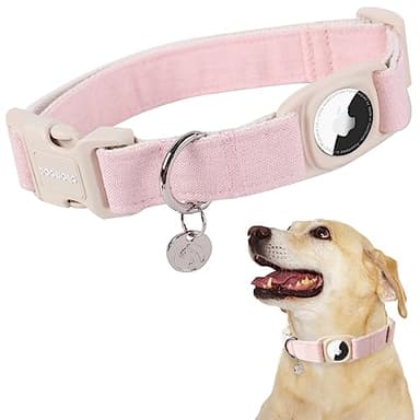 DOGWONG Airtag Cotton Hemp Dog Collar, Heavy-Duty Dog Collar with Airtag Holder Pink Natural Fabric Pet Cute Puppy Necklace for Small Medium Large Dogs - Image 1