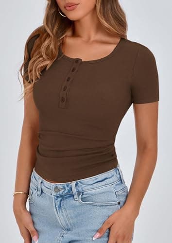 PRETTYGARDEN Women's 2025 Spring Summer Short Sleeve Tops Ribbed Henley Button Slim Fit Basic Casual T Shirts Blouse Clothing (Coffee,X-Large) - Image 6