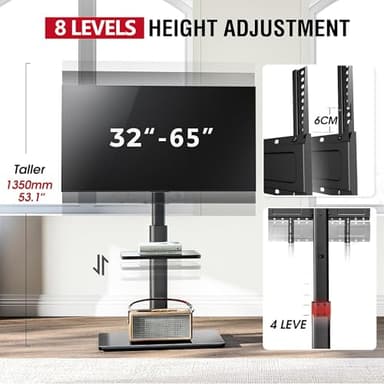 AOKCOS Floor TV Stand with 60-Degree Swivel, TV Floor Stand for 32-65 inch TVs up to 88lbs with Tilt, 8 Level Height Adjustable Tall TV Mount Stand with Shelf, Tempered Glass Base, MAX VESA 400x400mm - Image 5