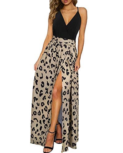 Newshows Womens' Boho Maxi Dress Summer Vacation Outfits 2025 Wedding Guest Country Concert Teacher Dresses Casual Beach Work Long Flowy Dresses Business Casual Sundress(Black Floral Leopard,L) - Image 1