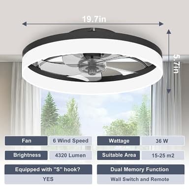 VOLISUN Low Profile Ceiling Fans with Lights and Remote, Fandelier Ceiling Fan Flush Mount, 3000K-6500K Smart Bladeless LED Fan Light, Black Modern Ceiling Fans with Lights for Bedroom - Image 7