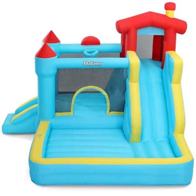 Outfunny Inflatable Bounce House, Large Bouncy Castle for Kids with Slide, Outdoor & Indoor, 450W Blower - Blue - Image 1