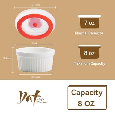 Dafuceramic Ramekins with Lids 8 oz White Creme Brulee Ramekins Ceramic Oven Safe Pudding Cups, Set of 6 Porcelain Custard for Baking Dishwasher and Microwave safe - Image 2