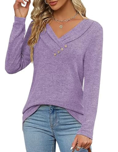 FMEYOA Women's Fall Long Sleeve Tunic Tops for Leggings V Neck Button Casual Blouse Sweatshirt(Purple,XX-Large) - Image 3