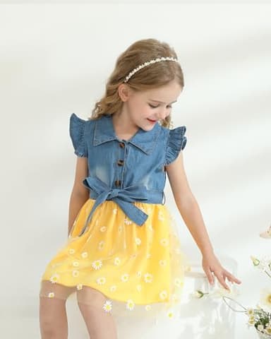 Toddler Girl Denim Tulle Dresses 3T 4T Girl Clothes Summer Outfit Toddler Yellow Short Sleeve Prom Dress Ruffle Party Swing Sundress 3 4 Year Old - Image 3