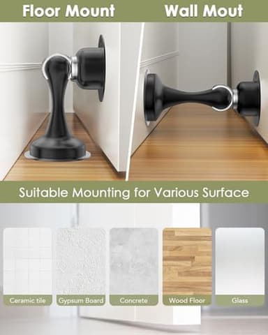 Door Stoppers, Magnetic Door Stop 2 Pack Adhesive Stick & Screws Stainless Steel, Door Stop Holder to Keep Door Open Wall & Floor Mount, Magnetic Door Catch Stoppers for Bottom of Door, Black - Image 4