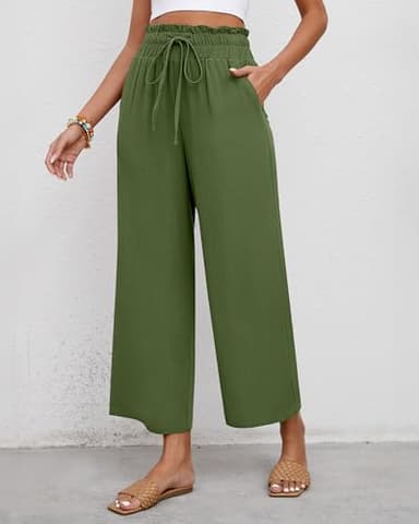 Riyiper 2 Pcs Women's Wide Leg Pants, Casual Linen High Waisted Cropped Trousers with Pockets Drawstring Loose Palazzo Pants (Black, Army Green, Large) - Image 2