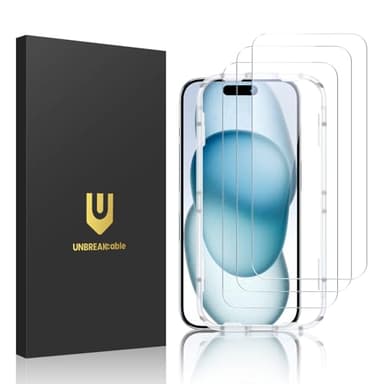 UNBREAKcable 3-Pack Screen Protector for iPhone 15, Double Shatterproof Tempered Glass [Easy Installation Frame] [9H Hardness] [99.99% HD Clear] [Case Friendly] for iPhone 6.1 inch - Image 1