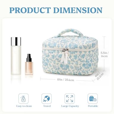 Prite Large Makeup Bag Cute Cosmetic Bag for Women Floral Coquette Aesthetic Toiletry Bag Travel Make Up Organizer Bag(Blue Flower) - Image 3