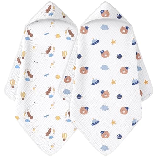 FIEMOL Baby Bath Towels, 100% Muslin Cotton Hooded Baby Towels for Newborn, 2 Pack Baby Towels with Hood for Infant Toddler and Kids, Large 32x32Inch, Soft and Absorbent - Image 1