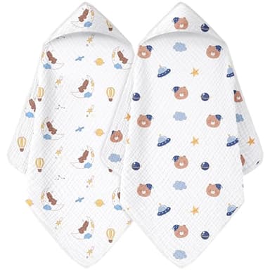 FIEMOL Baby Bath Towels, 100% Muslin Cotton Hooded Baby Towels for Newborn, 2 Pack Baby Towels with Hood for Infant Toddler and Kids, Large 32x32Inch, Soft and Absorbent - Image 1